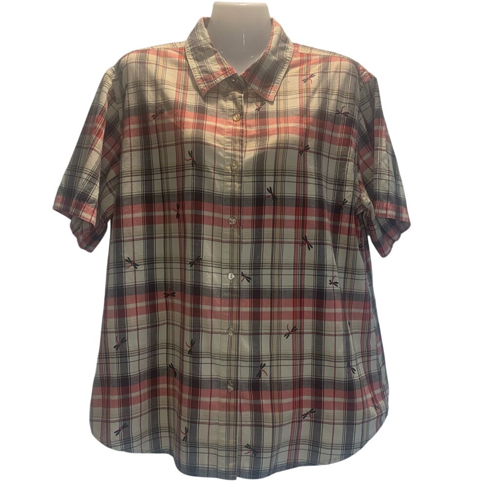 Bobbie Brooks Women's XL‎ VTG Plaid Button Down Shirt Embroidered Dragonflies